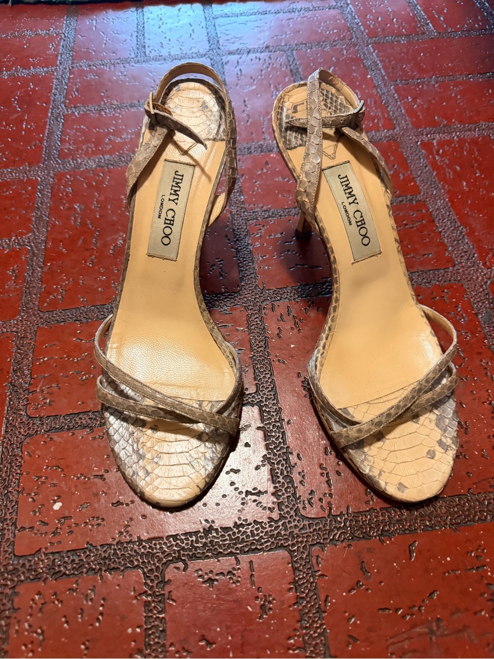 Jimmy Choo Taupe Snakeskin Strappy Heeled Sandals